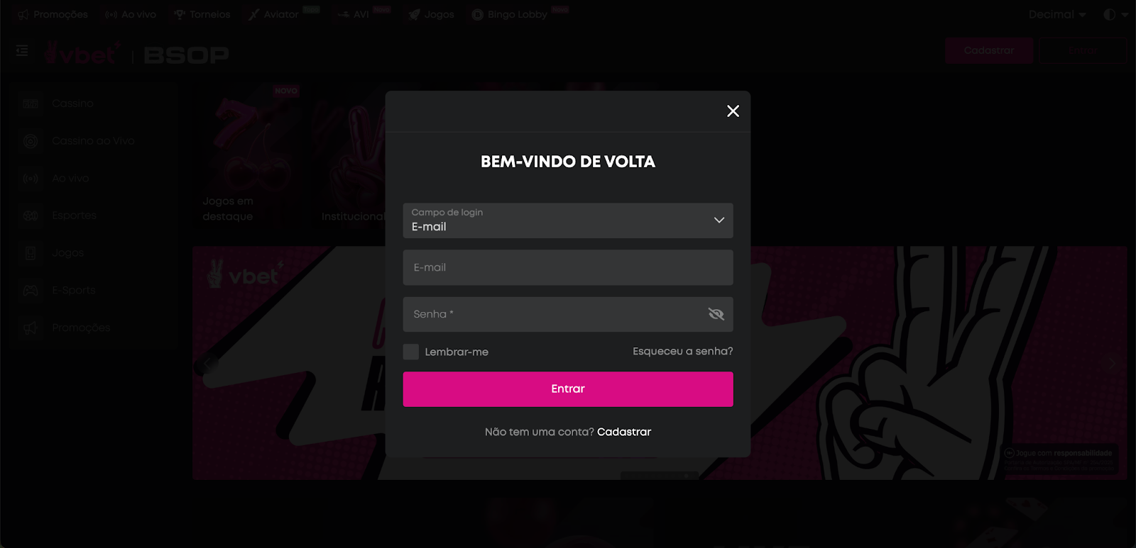 Login na VBET a partir da versão móvel